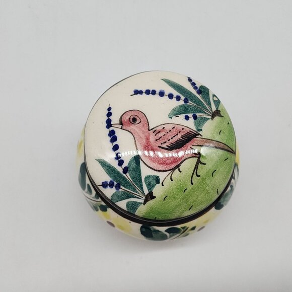 Mexican Hand Painted Ceramic Trinket Box With Floral & Red Bird 3" Diameter - Picture 2 of 8